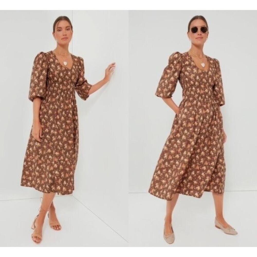 Tuckernuck Brown Floral Puff-Sleeve Midi Dress